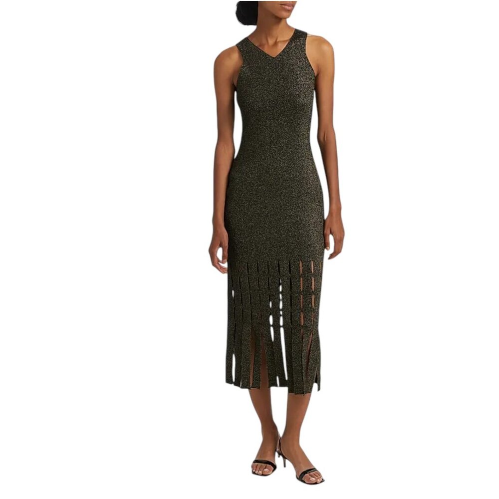 NWT Rails Kaia Gold Lurex Metallic Fringed Midi-Dress - Sz M - MSRP $268